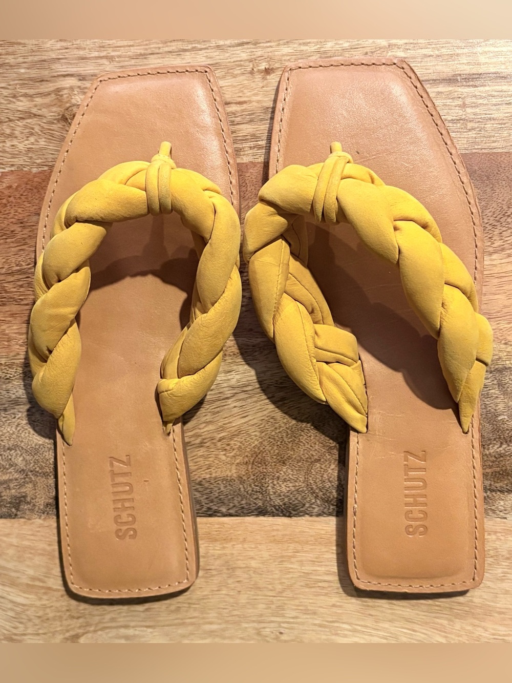 SCHUTZ Braided Yellow Leather Toe-Post Sandal - Picture 8 of 11